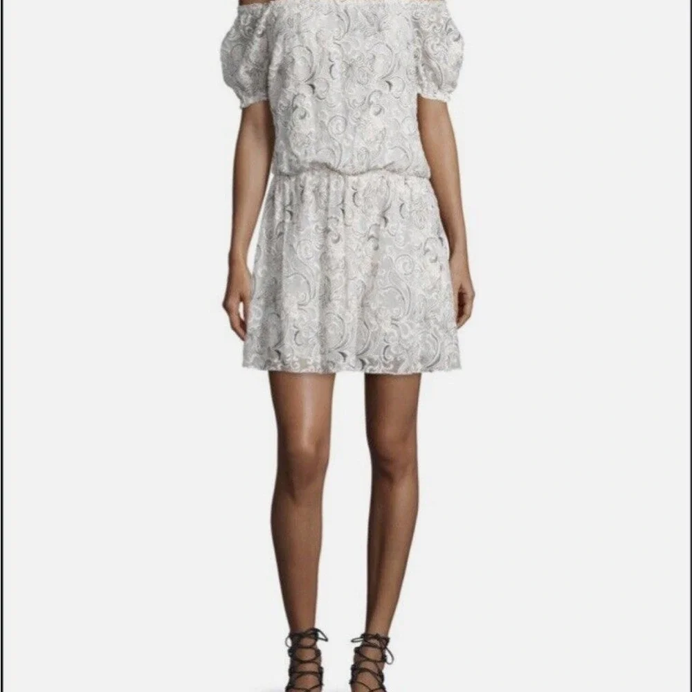 Alice +‎ Olivia JANELLE SILK Embroidered Off the Shoulder Dress 4 Cream Black
